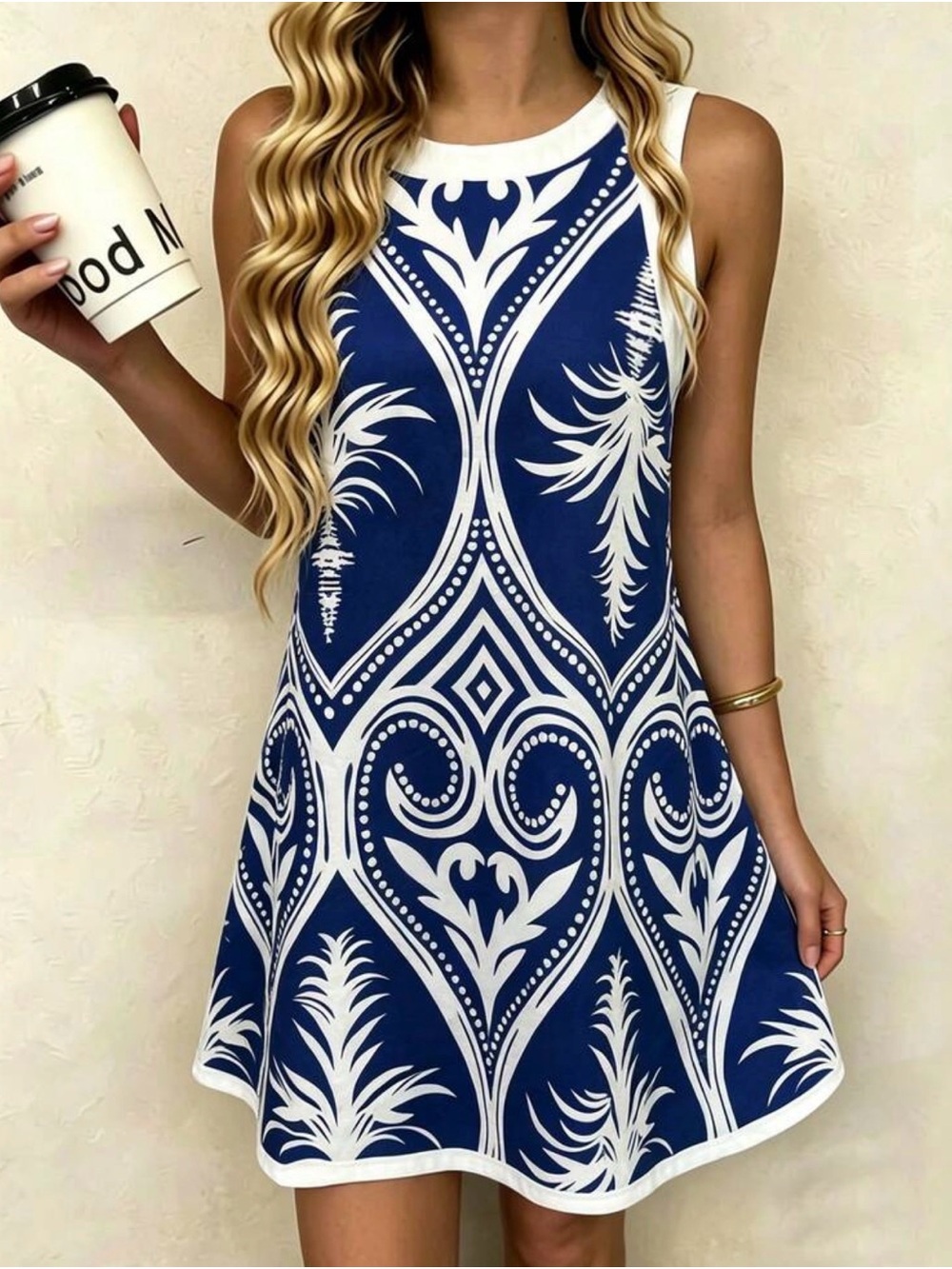 Navy & White Printed Sleeveless Mini Dress - Picture 2 of 3